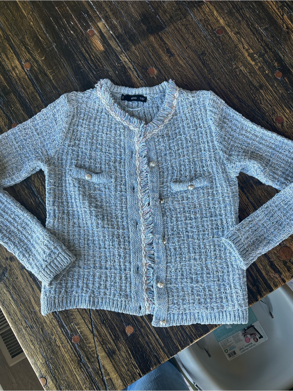 Ming Wang Light Blue Tweed-Style Pearl Button Cardigan